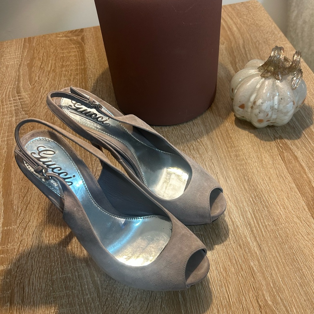 Gucci Women's Taupe Peep Toe Slingback Heels